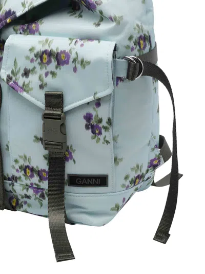 Ganni Re-tech Nylon Backpack With Floral Pattern In Blue