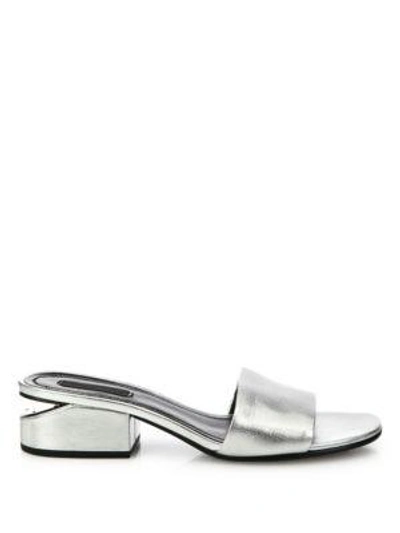 Shop Alexander Wang Lou Tilt-heel Metallic Leather Slides In Silver