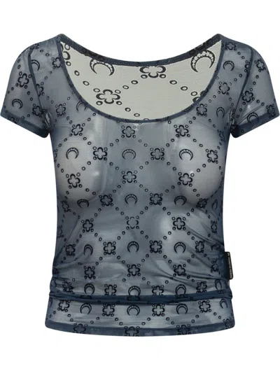 Marine Serre Wide Neck Black T-shirt With Tone-on-tone Velvet Logo In Blue