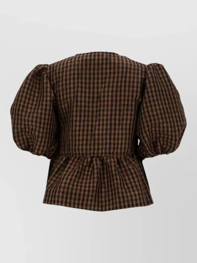 Ganni Crinkled Taffeta Check Peplum Blouse Tobacco Brown