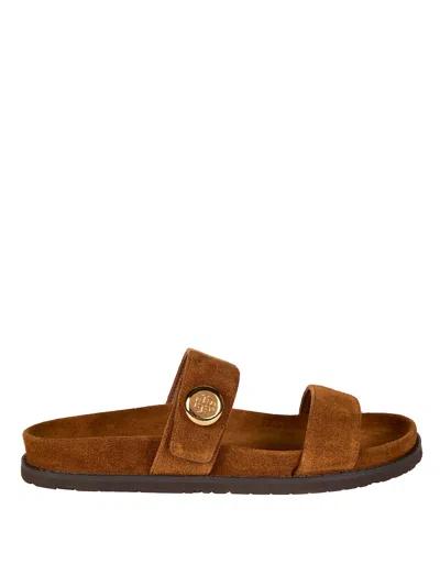 Tory Burch Romy Brown Sandals With Logo Plaque On The Front In Suede Woman In Brown