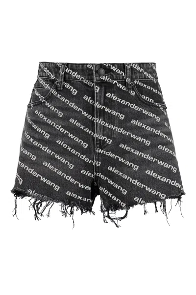 Alexander Wang Omens Grey Aged White Logo-print Bite Denim Shorts In Black