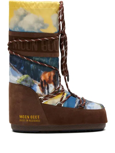 Moon Boot Womens Bronze Com  X Guest In Residence Icon Printed Shell And Suede Boots Eur 35 / 2 Uk In Brown