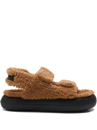 Moon Boot Shearling Upper Double Strap Slingback Sandals In Brown
