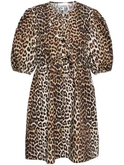 Ganni Brown Leopard Printed Cotton Tie String Minidress In Animal Print