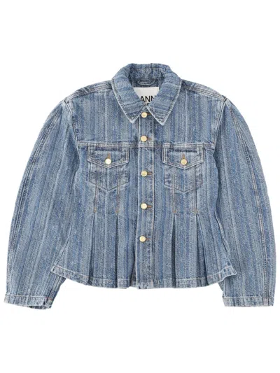 Ganni Denim Solid Shirt Collar Jacket In Blue