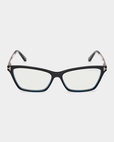 Tom Ford 56mm Blue Block Rectangular Eyeglasses In Black