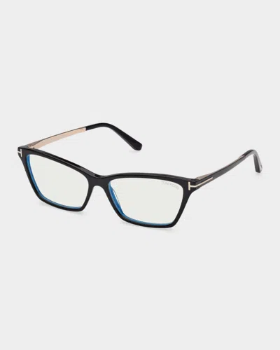 Tom Ford 56mm Blue Block Rectangular Eyeglasses In Black