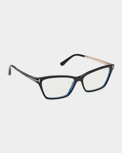Tom Ford 56mm Blue Block Rectangular Eyeglasses In Black