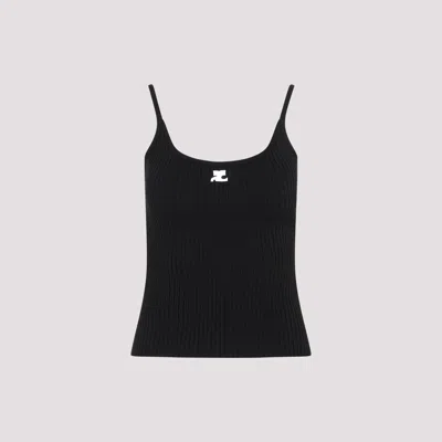 Courrèges Ribbed Spaghetti Strap Top With Elegant Logo Detail And Luxurious Fabric Blend In Black