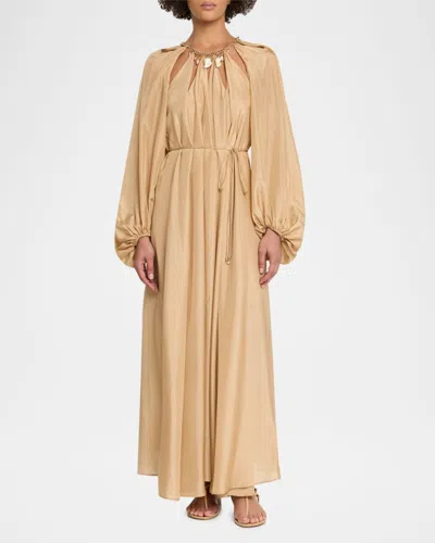 Zimmermann Silk Mini Dress With Billow Sleeves And Adjustable Chain In Gold