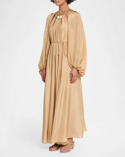 Zimmermann Silk Mini Dress With Billow Sleeves And Adjustable Chain In Gold