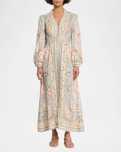 Zimmermann Womens Blue Tapestry Floral Roselight Plunge Linen Midi Dress Xs In Multi