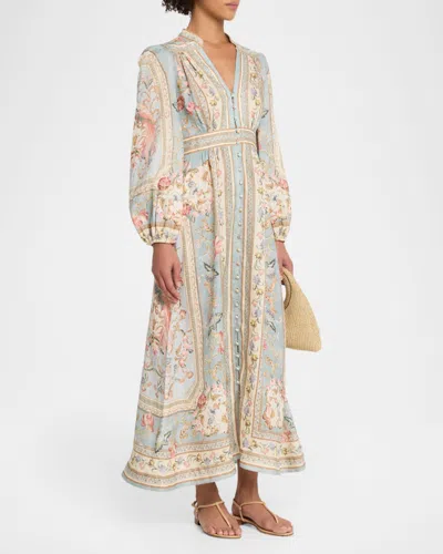 Zimmermann Womens Blue Tapestry Floral Roselight Plunge Linen Midi Dress Xs In Multi