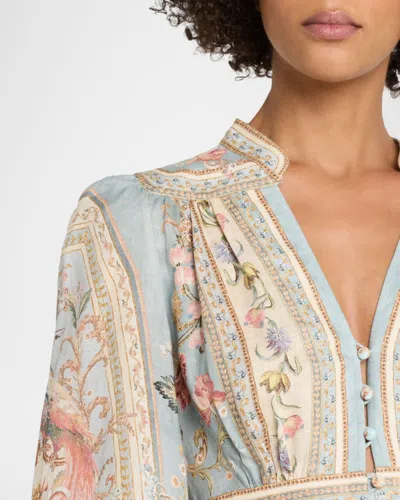 Zimmermann Womens Blue Tapestry Floral Roselight Plunge Linen Midi Dress Xs In Multi