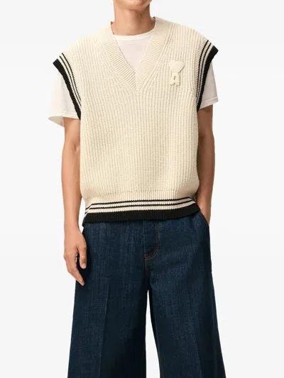 Ami Alexandre Mattiussi Ami Paris Ribbed Wool Sleeveless Ami De Coeur Sweater In Neutral