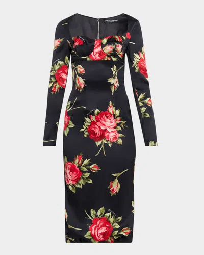 Dolce & Gabbana Rose-print Satin Long-sleeve Midi Dress In Multi