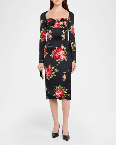 Dolce & Gabbana Rose-print Satin Long-sleeve Midi Dress In Multi