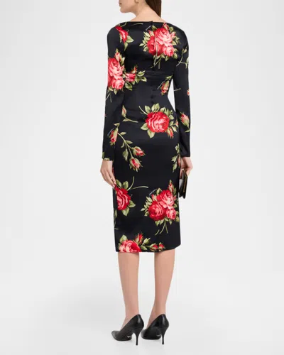Dolce & Gabbana Rose-print Satin Long-sleeve Midi Dress In Multi