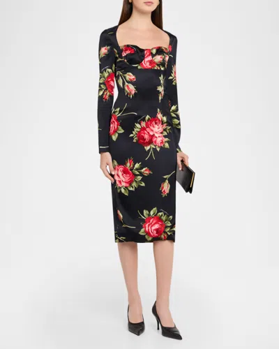Dolce & Gabbana Rose-print Satin Long-sleeve Midi Dress In Multi