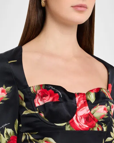 Dolce & Gabbana Rose-print Satin Long-sleeve Midi Dress In Multi