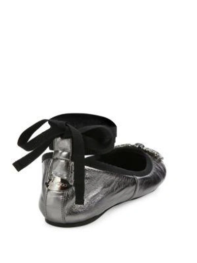 Shop Jimmy Choo Grace Crystal-embellished Metallic Leather Ankle-wrap Ballet Flats In Anthracite