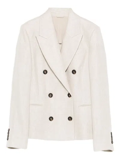 Brunello Cucinelli Women Double-breasted Jacket In Linen And Cotton With Chevron Pattern In Neutral