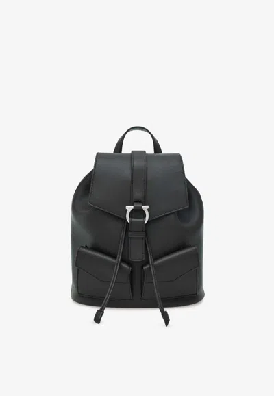 Ferragamo Leather Backpack Adjustable Straps Front Pockets In Black