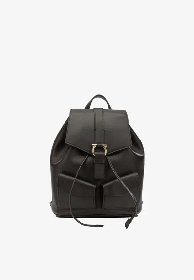 Ferragamo Leather Backpack Adjustable Straps Front Pockets In Brown
