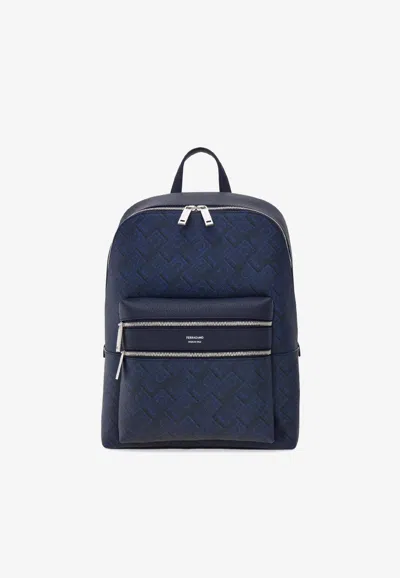 Ferragamo Embossed Gancini Backpack In Blue