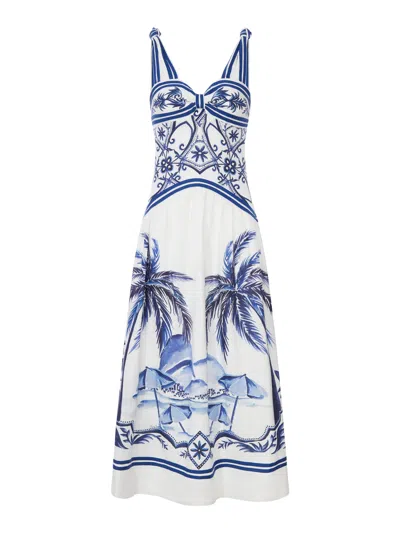 Farm Rio Fitted Linen Long Dress With Wonderful City Print And Striped Shoulder Straps In White