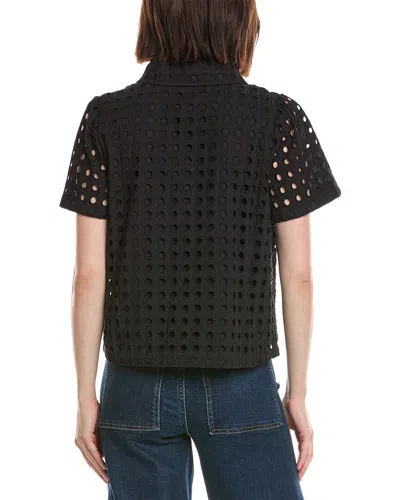 Cece Eyelet Short Sleeve Collared Button Down Top In Black