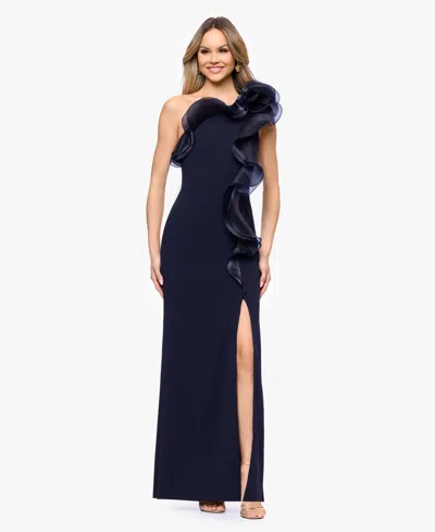 Betsy & Adam Organza Ruffle One-shoulder Scuba Crepe Gown In Blue