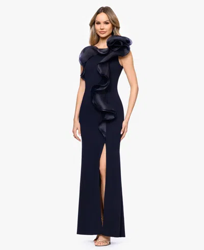 Betsy & Adam Organza Ruffle One-shoulder Scuba Crepe Gown In Blue