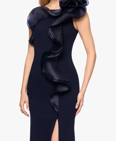 Betsy & Adam Organza Ruffle One-shoulder Scuba Crepe Gown In Blue