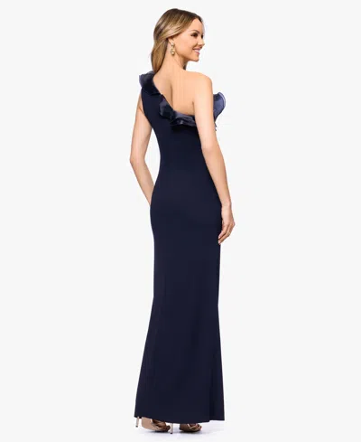 Betsy & Adam Organza Ruffle One-shoulder Scuba Crepe Gown In Blue