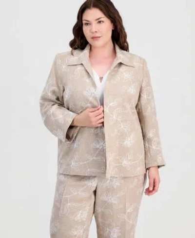Kasper Plus Size Boxy Jacket Pull On Elastic Back Pants In Neutral