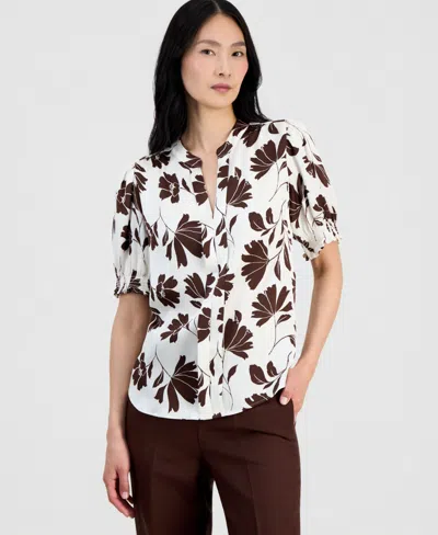 Anne Klein Petite Printed Y-neck Pull-on Top In Multi