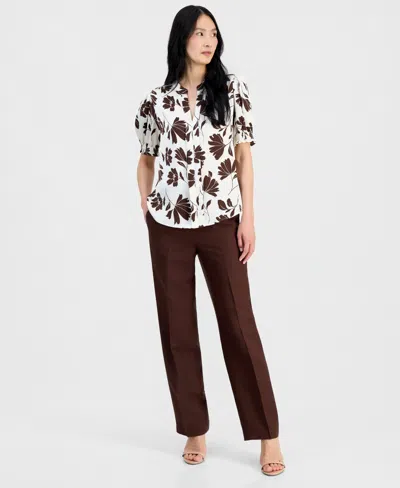 Anne Klein Petite Printed Y-neck Pull-on Top In Multi