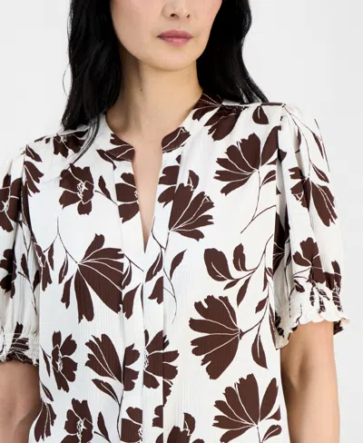 Anne Klein Petite Printed Y-neck Pull-on Top In Multi