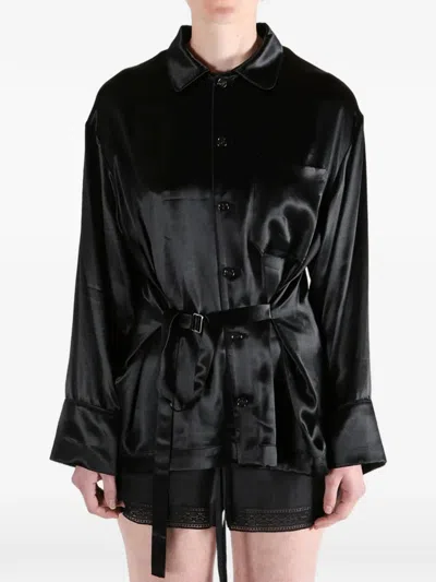 Ann Demeulemeester Coby Belted Satin-finish Shirt In Black