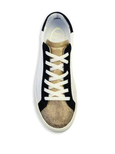 Shop René Caovilla Crystal-embellished Leather & Suede Low-top Trainers In White Black Gold