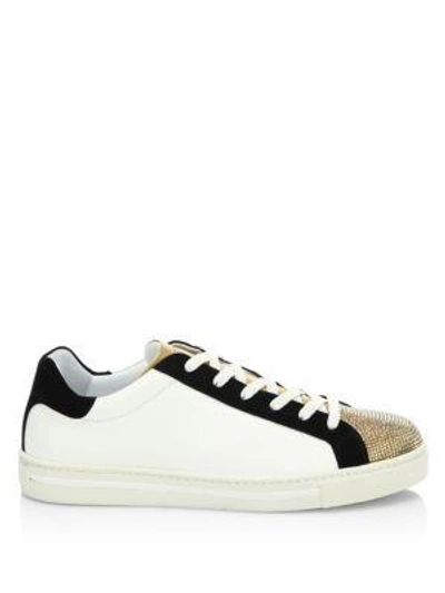 Shop René Caovilla Crystal-embellished Leather & Suede Low-top Trainers In White Black Gold