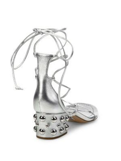 Shop Michael Kors Ayers Metallic Leather Lace-up Block Heel Sandals In Silver