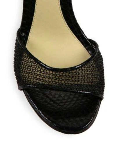 Shop Monique Lhuillier Evelyn Jeweled Snakeskin & Mesh Sandals In Noir
