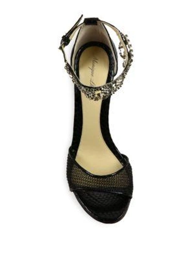 Shop Monique Lhuillier Evelyn Jeweled Snakeskin & Mesh Sandals In Noir