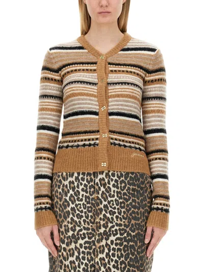 Ganni Regular Fit Cardigan With Stripe Pattern In Brown