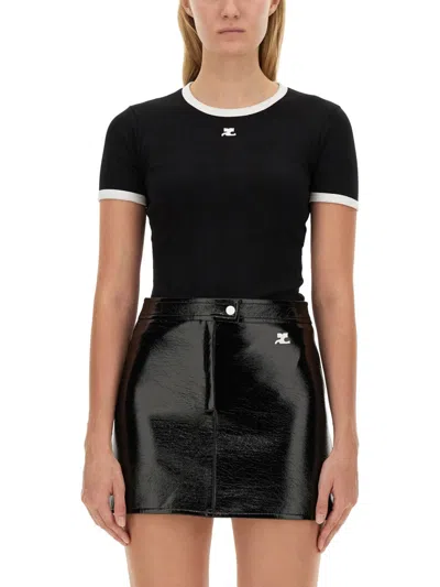 Courrèges Courreges Women Cotton T Shirt With Contrasting Profiles In Black
