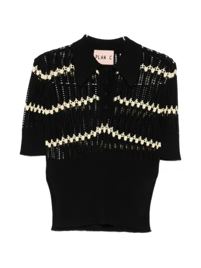 Plan C Zigzag-knit Polo Shirt In Black
