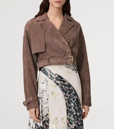 Allsaints Womens Mole Brown Ophelia Dropped-shoulder Belted-waist Suede Jacket Xs In Brown